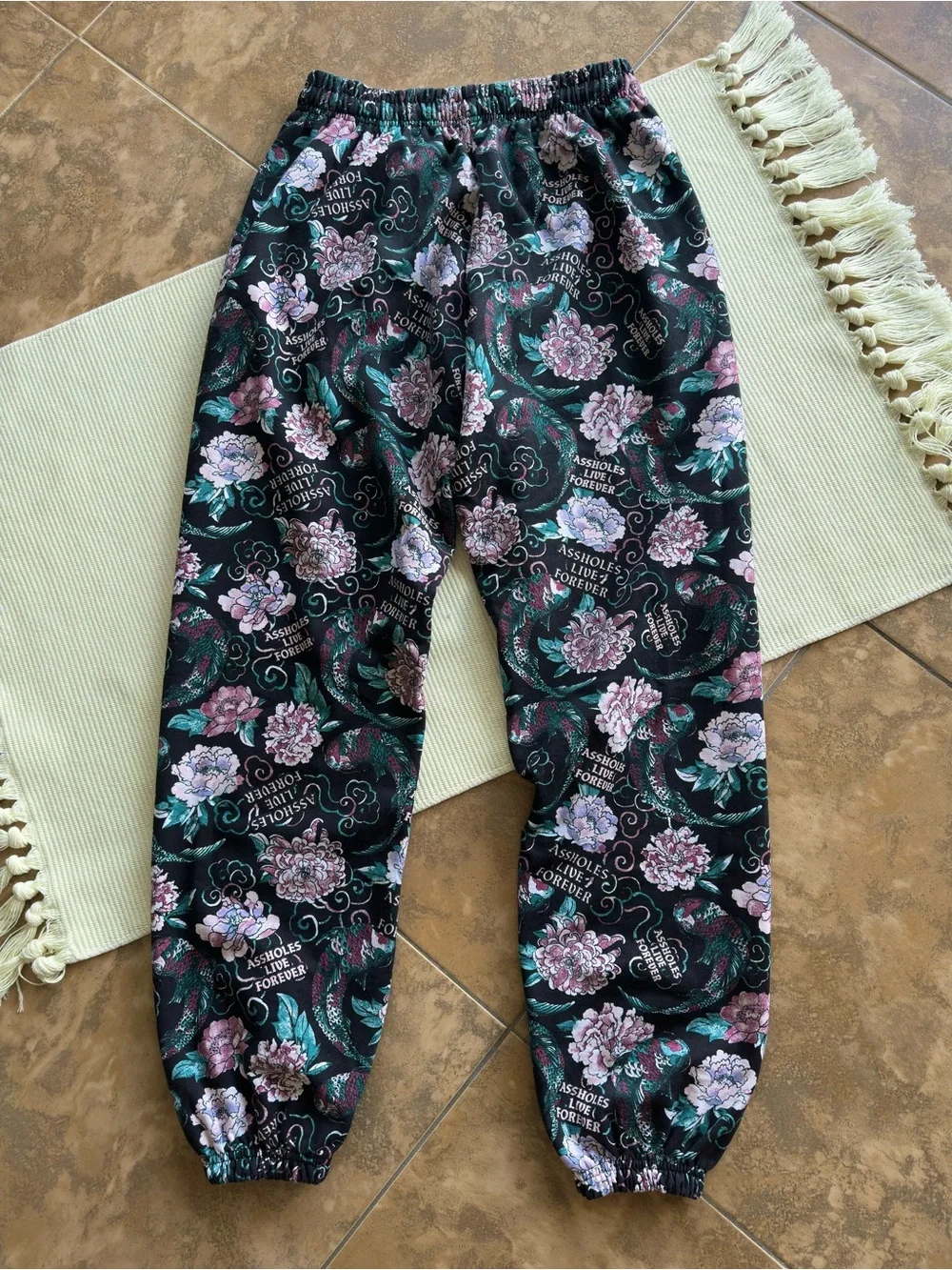A$$holes Live Forever Black Multicolor Floral Peony Jogger Sweatpants